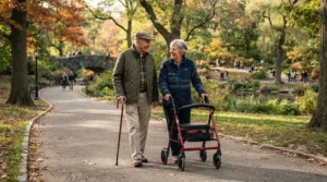Grandparents walking outdoors, with one using a rollator with seat for people with COPD on a paved path.