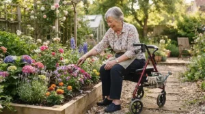 A gardener using a rollator with seat for people with COPD to sit near raised flower beds in a suburban backyard.