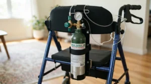 Close-up of a rollator with seat for people with COPD featuring a secure oxygen tank holder attachment.