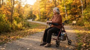 A senior woman using a rollator with seat for people with COPD to take a rest break on a sunny autumn park trail.