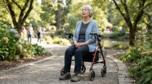 A man demonstrating pursed lip breathing while sitting on a rollator with seat for people with COPD outside a community center.