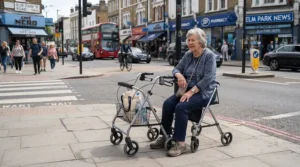 Taking a pause for shortness of breath using a rollator with seat for people with COPD on a sidewalk ramp.